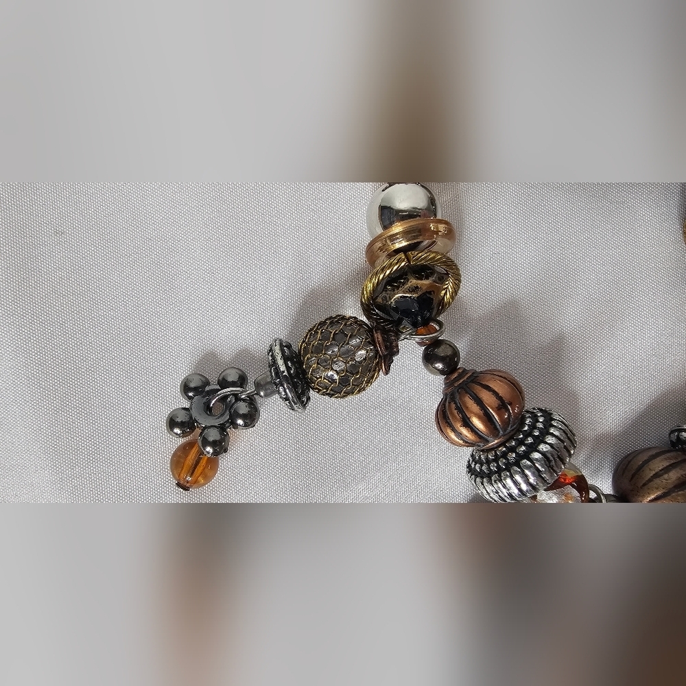 Vintage Treska Beaded Charm Stretch Bracelet -Mixed Metals & Amber Accents Boho - Picture 3 of 7